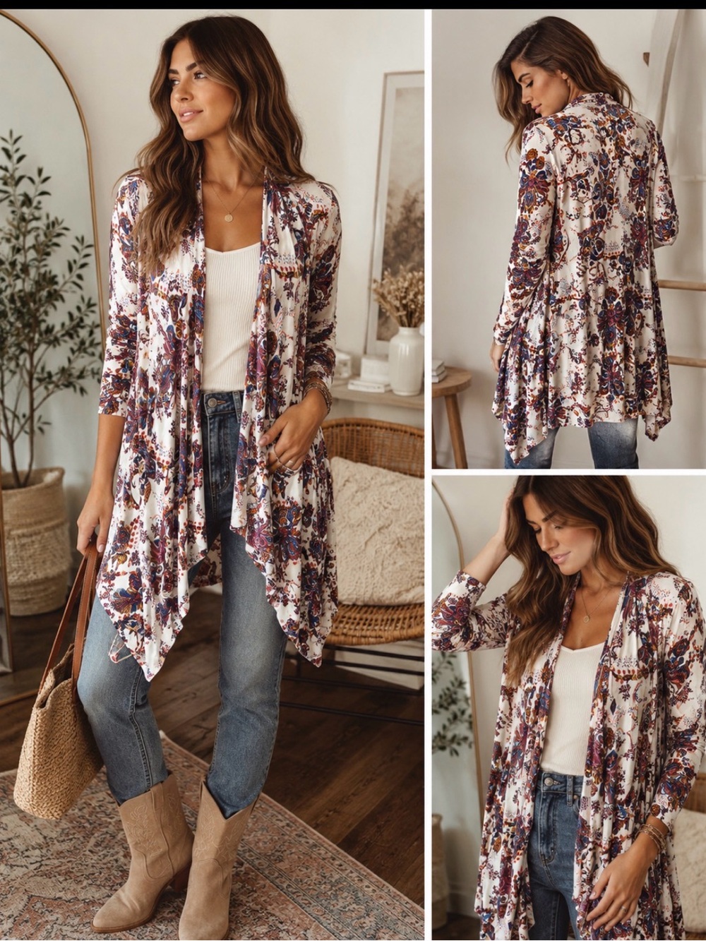 Sharon's Outlet Floral Open-Front Cardigan in Cream with Burgundy & Navy medium
